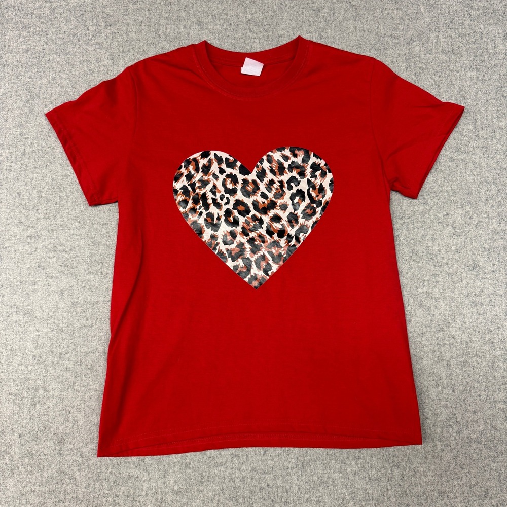 Unbranded | T-Shirt | S | Red | Leopard Print Heart Graphic Short Sleeve Tee